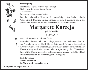 Traueranzeige von Margarete Kurzeja von Thüringer Allgemeine