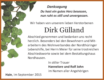 Traueranzeige von Dirk Gülland von Thüringer Allgemeine