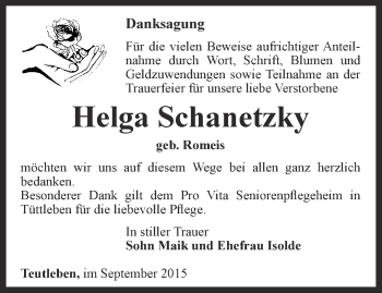 Traueranzeige von Helga Schanetzky von Ostthüringer Zeitung, Thüringische Landeszeitung