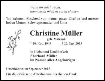 Traueranzeige von Christine Müller von Ostthüringer Zeitung