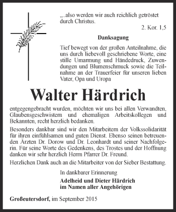 Traueranzeige von Walter Hädrich von Ostthüringer Zeitung, Thüringische Landeszeitung