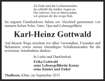 Traueranzeige von Karl-Heinz Gottwald von Thüringer Allgemeine, Thüringische Landeszeitung