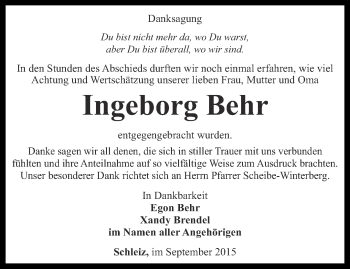 Traueranzeige von Ingeborg Behr von Ostthüringer Zeitung