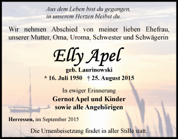 Traueranzeige von Elly Apel von Thüringer Allgemeine, Thüringische Landeszeitung