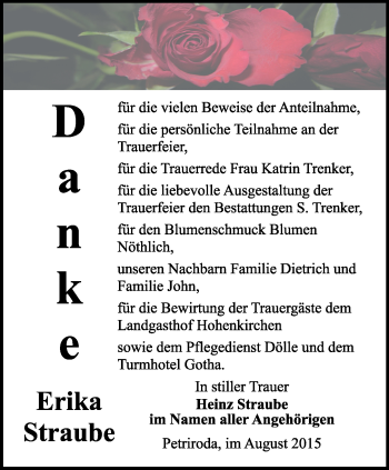 Traueranzeige von Erika Straube von Ostthüringer Zeitung, Thüringische Landeszeitung