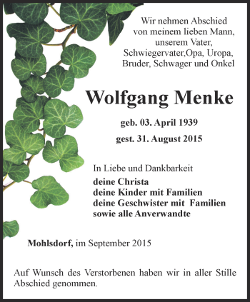 Traueranzeige von Wolfgang Menke von Ostthüringer Zeitung