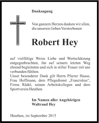 Traueranzeige von Robert Hey von Thüringer Allgemeine