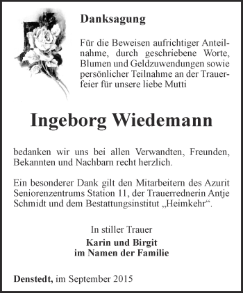 Traueranzeige von Ingeborg Wiedemann von Thüringer Allgemeine, Thüringische Landeszeitung