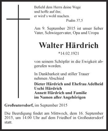 Traueranzeige von Walter Hädrich von Ostthüringer Zeitung, Thüringische Landeszeitung