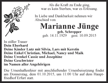 Traueranzeige von Marianne Jünge