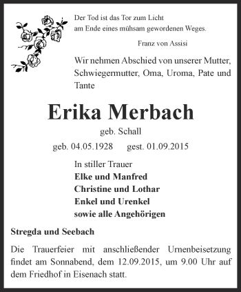 Traueranzeige von Erika Merbach von Thüringer Allgemeine, Thüringische Landeszeitung