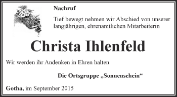 Traueranzeige von Christa Ihlenfeld von Ostthüringer Zeitung, Thüringische Landeszeitung