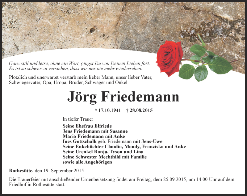  Traueranzeige für Jörg Friedemann vom 19.09.2015 aus Thüringer Allgemeine