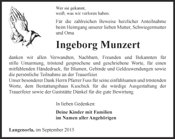 Traueranzeige von Ingeborg Munzert von Ostthüringer Zeitung