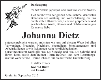 Traueranzeige von Johanna Dietz von Ostthüringer Zeitung