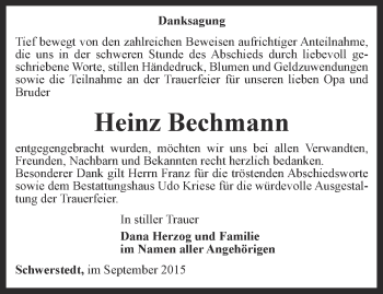 Traueranzeige von Heinz Bechmann von Thüringer Allgemeine