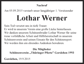 Traueranzeige von Lothar Werner von Thüringer Allgemeine