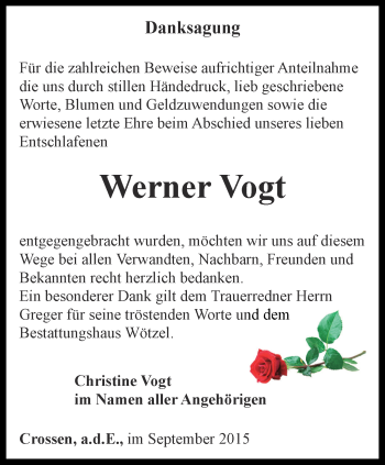 Traueranzeige von Werner Vogt von Ostthüringer Zeitung