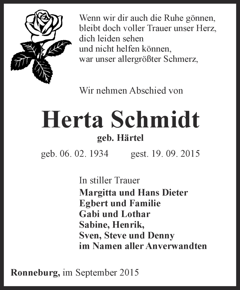  Traueranzeige für Herta Schmidt vom 24.09.2015 aus Ostthüringer Zeitung