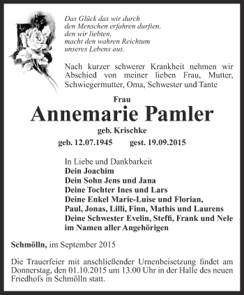 Traueranzeige von Annemarie Pamler von Ostthüringer Zeitung
