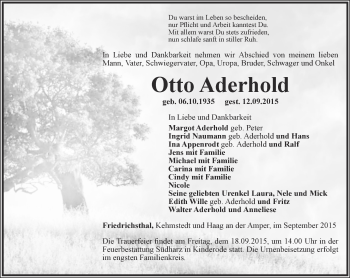 Traueranzeige von Otto Aderhold von Thüringer Allgemeine