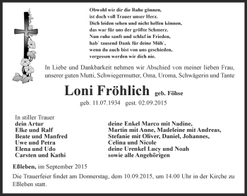 Traueranzeige von Loni Fröhlich von Thüringer Allgemeine