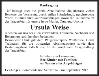 Traueranzeige von Ursula Weise von Thüringer Allgemeine
