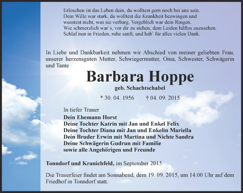  Traueranzeige für Barbara Hoppe vom 15.09.2015 aus Thüringer Allgemeine, Thüringische Landeszeitung