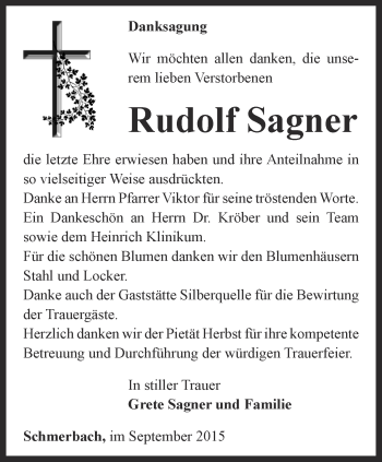 Traueranzeige von Rudolf Sagner von Ostthüringer Zeitung, Thüringische Landeszeitung