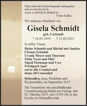 Traueranzeige von Gisela Schmidt von Thüringer Allgemeine