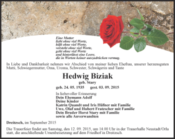 Traueranzeige von Hedwig Biziak von Ostthüringer Zeitung