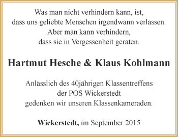 Traueranzeige von Hartmut Hesche und Klaus Kohlmann von Thüringer Allgemeine, Thüringische Landeszeitung