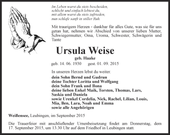 Traueranzeige von Ursula Weise von Thüringer Allgemeine