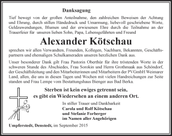 Traueranzeige von Alexander Kötschau von Ostthüringer Zeitung, Thüringische Landeszeitung