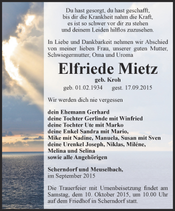 Traueranzeige von Elfriede Mietz von Thüringer Allgemeine