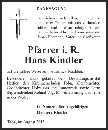 Traueranzeige von Hans Kindler von Thüringer Allgemeine