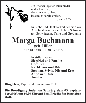 Traueranzeige von Marga Buchmann von Thüringer Allgemeine