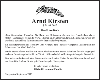 Traueranzeige von Arnd Kirsten von Thüringer Allgemeine