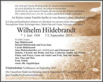 Traueranzeige von Wilhelm Hildebrandt von Thüringer Allgemeine