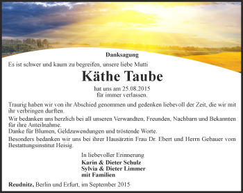 Traueranzeige von Käthe Taube von Ostthüringer Zeitung