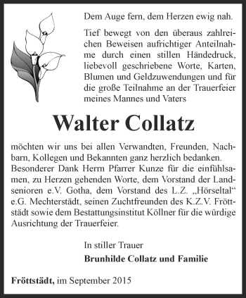 Traueranzeige von Walter Collatz von Ostthüringer Zeitung, Thüringische Landeszeitung