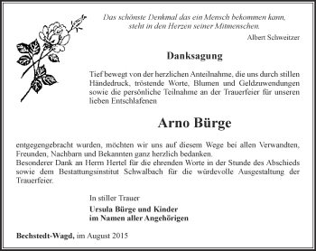 Traueranzeige von Arno Bürge von Thüringer Allgemeine, Thüringische Landeszeitung