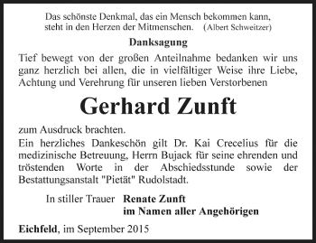 Traueranzeige von Gerhard Zunft von Ostthüringer Zeitung