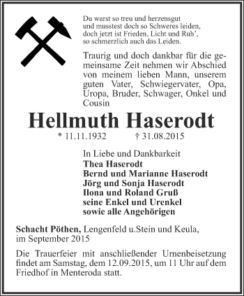 Traueranzeige von Hellmuth Haserodt von Thüringer Allgemeine, Thüringische Landeszeitung