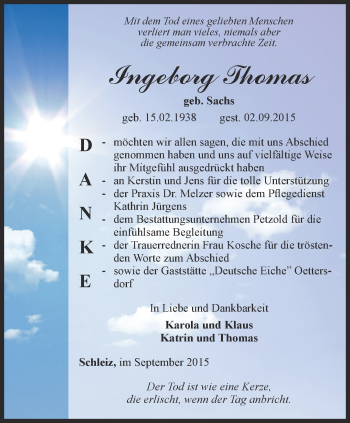 Traueranzeige von Ingeborg Thomas von Ostthüringer Zeitung