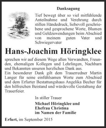Traueranzeige von Hans-Joachim Höringklee von Thüringer Allgemeine, Thüringische Landeszeitung