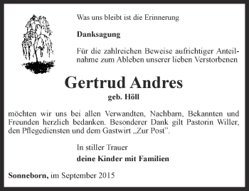 Traueranzeige von Gertrud Andres von Ostthüringer Zeitung, Thüringische Landeszeitung