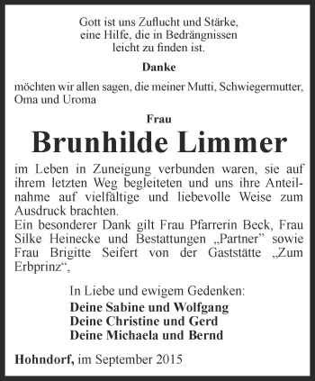 Traueranzeige von Brunhilde Limmer von Ostthüringer Zeitung