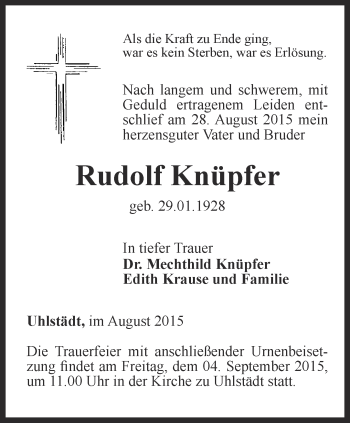 Traueranzeige von Rudolf Knüpfer von Ostthüringer Zeitung