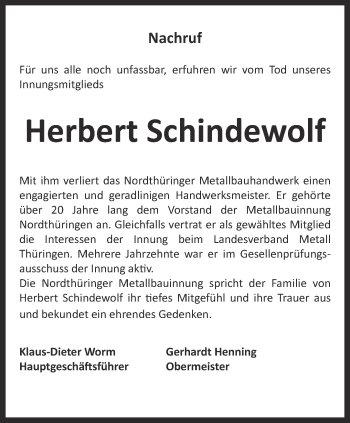 Traueranzeige von Herbert Schindewolf von Thüringer Allgemeine